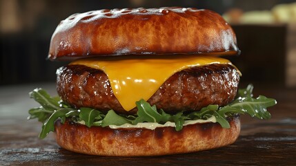 A modern burger with a juicy patty, melted cheddar, and fresh greens on a perfectly toasted bun, rendered in ultra HD quality.