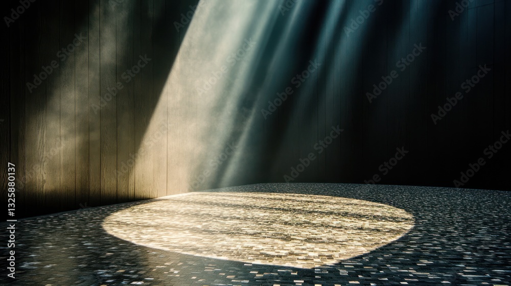 Poster dramatic spotlight illuminates a circular area on a textured floor within a dark room.