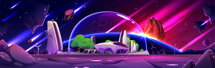 Space station on Mars - futuristic base with glowing dome modules, rock formations, trees, energy beams in starry sky. Alien planet cosmic landscape vector illustration for sci fi game background. © klyaksun
