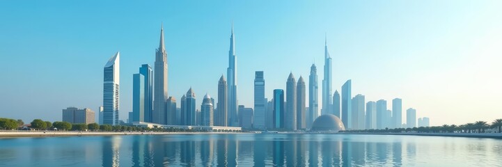 Dubai skyline with modern high-rise buildings and futuristic architecture under clear blue sky, high-rise, cityscape
