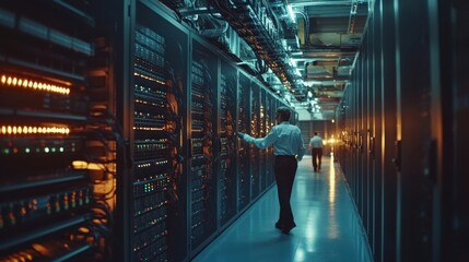 Modern data center with rows of servers and IT professionals working
