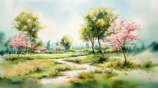 Explore the beauty of spring landscapes through intricate watercolor textures.