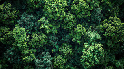 Fototapeta premium Overhead view of a dense forest canopy. Various shades of green foliage cover the image.