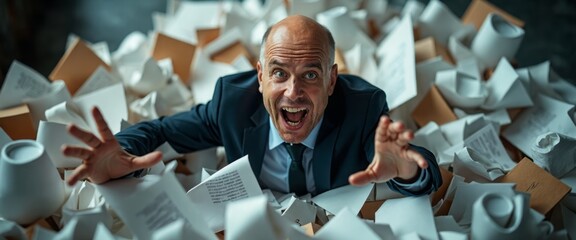 A frantic man in a suit is surrounded by a chaotic sea of crumpled papers and files, his expression a mix of panic and desperation. With arms outstretched and mouth open in a silent scream, he