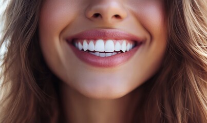 Obraz premium Close-up of a woman smiling with white teeth and light pink lipstick.
