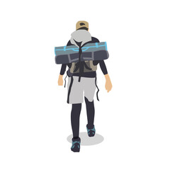 Cartoon illustration of a mountain climber carrying a backpack facing backwards