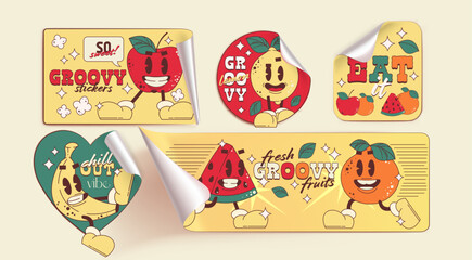 Naklejka premium Retro fruit stickers set - happy apple, orange, lemon, banana and watermelon characters in 1950s fashion style. Funny vintage emoticons with quote bubbles. Cute groovy design for kids food packaging.