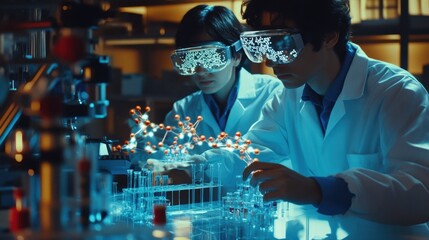 Scientists working with augmented reality in a modern laboratory