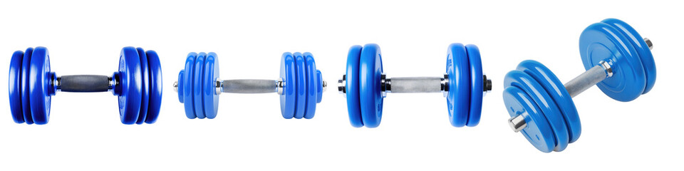 Blue dumbbells isolated on transparent background, PNG, Set of
