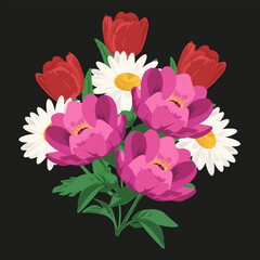 Summer Flowers bouquet isolated black background. Floral bouquet with daisy peony red tulips. Vector illustration for greeting card postcard cover design. EPS 10