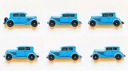 Fototapeta premium Six Blue Classic Cars Vintage Automobile Illustration Retro Design Elements