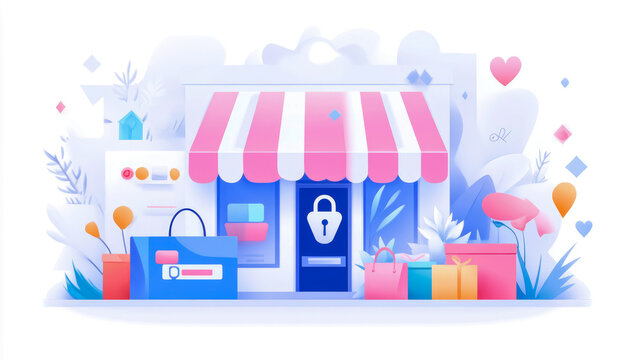 Online Shop Front with Striped Awning and Secure Payment: For e-commerce, advertisement, secure shopping, online promotion