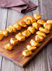 Grilled chicken skewers. Kebab. Picnic. Barbecue. Fried meat.