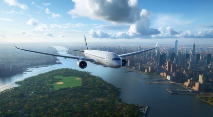 Airplane Flying Over New York City Skyline