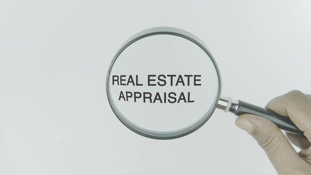 Real estate appraisal text or word highlighted by a magnifying glass in a hand on a white background, symbolizing property valuation and market worth