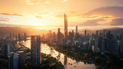 Fototapeta premium Panoramic cityscape at golden hour, showcasing a modern skyscraper, river, and urban landscape.