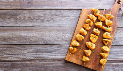 Grilled chicken skewers. Kebab. Picnic. Barbecue. Fried meat.