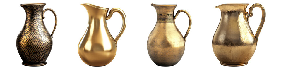 Brass water jug isolated on transparent background, PNG, Set of