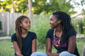 Happy African American Mother Daughter Bonding Outdoors Nature Love Park Hair Grass Green Trees Youth Women   