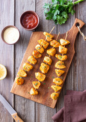Grilled chicken skewers. Kebab. Picnic. Barbecue. Fried meat.