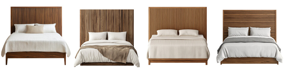 Stylish and Minimalist Wooden Bed Frame with Cozy Bedding in Contemporary Bedroom Interior  The simple and clean design creates a peaceful and relaxing atmosphere