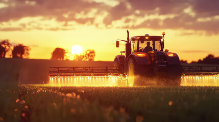 Fototapeta premium Agricultural tractor spraying crops at sunset.