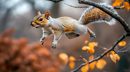 Obraz premium Squirrel Leaping from Branch Surrounded by Autumn Leaves in a Forest Setting