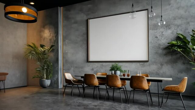 Modern minimalist dining area panorama with contemporary decor and ambient lighting