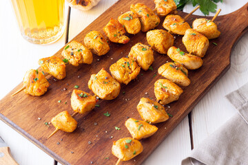 Grilled chicken skewers. Kebab. Picnic. Barbecue. Fried meat.