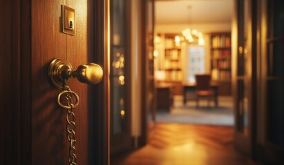 Obraz premium Open door to a luxurious library, showcasing a brass knob and key.