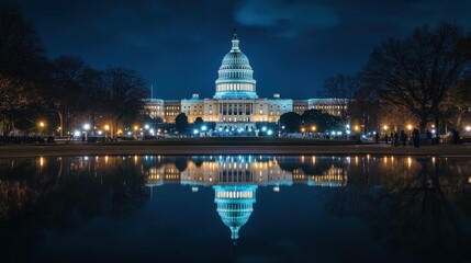 Obraz premium The United States Capitol at night with bright lights reflecting on the water and a dark blue sky in the background.