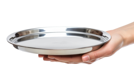 Waiter holding empty silver tray on transparent background