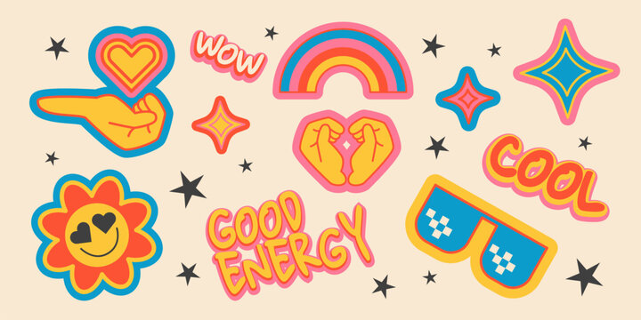 Naklejki Groovy retro stickers set isolated on background. Vector illustration of flat rainbow, heart, star, hands, smiling flower emoji, y2k patches for trendy vintage poster design, cool energy labels