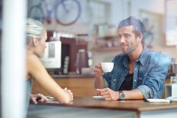 People, cafe and conversation with tea, entrepreneurs and planning for startup business. Discussion, espresso hospitality service and restaurant for meeting, support ideas and team at coffee shop