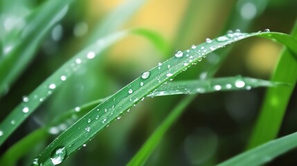 Naklejka premium Green Grass Blades with Water Droplets Sparkling in the Morning Light