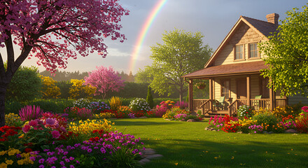 Naklejka premium tranquil countryside garden, blooming with vibrant flowers and framed by a magical rainbow stretching across the sky, with a charming wooden house completing the scene.
