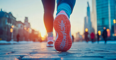 Morning stride: A close-up on a runner's footwear during a sunrise city run, promoting healthy lifestyle and urban fitness.