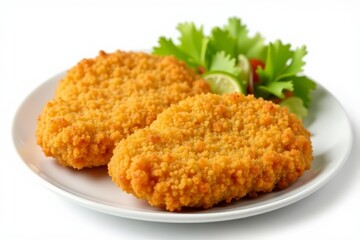 Crispy golden breaded chicken cutlet on white background, fillet, fried