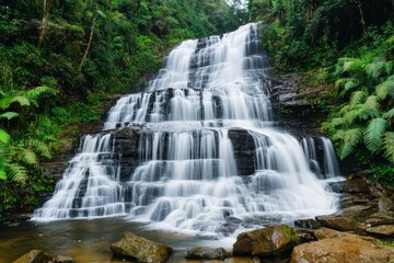 Obraz premium Scenic waterfall hidden paradise concept. A serene waterfall cascading over rocks surrounded by lush greenery.