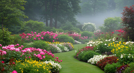 tranquil garden path winds through vibrant flower beds, surrounded by lush greenery and the charm of a misty forest beyond