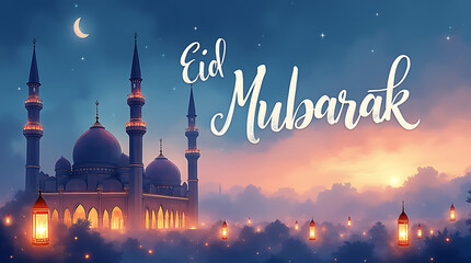 Eid Mubarak Celebration with Glowing Mosque and Lanterns at Sunset