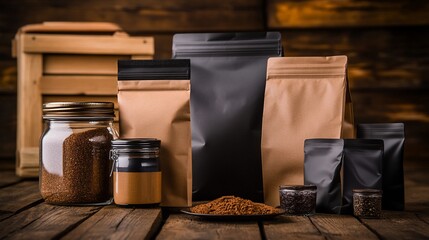 Elegant packaging mockup for coffee beans and grounded coffee arrangement
