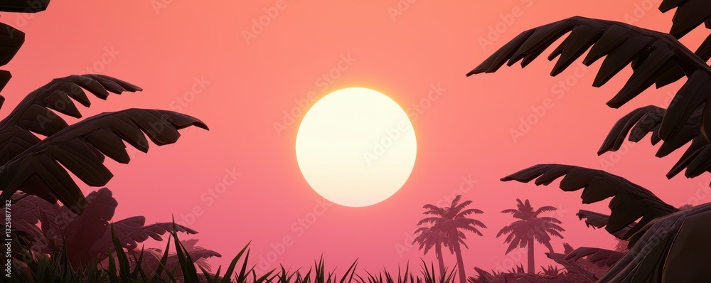 Poster a serene sunset with a large sun, framed by palm trees and lush foliage, creating a tranquil atmosph