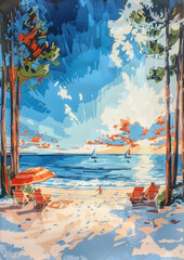Serene coastline with tall pine trees, red umbrellas, and distant sailboats
