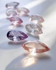 Collection of pear-shaped gemstones in various pastel shades, illuminated by soft light, arranged on a reflective surface.