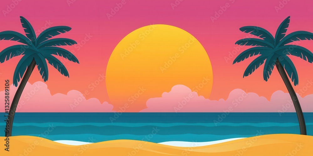 Aufkleber a vibrant sunset over the ocean, framed by palm trees, creating a serene beach atmosphere with color