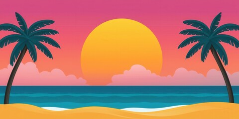 Obraz premium A vibrant sunset over the ocean, framed by palm trees, creating a serene beach atmosphere with colorful hues.