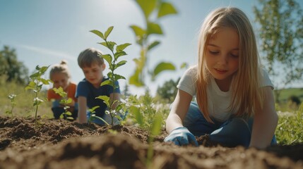 children and teenagers planting trees together, learning about environmental conservation in a sunny open field