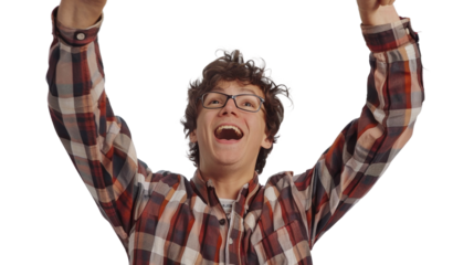 Excited young man celebrating with arms raised on transparent background