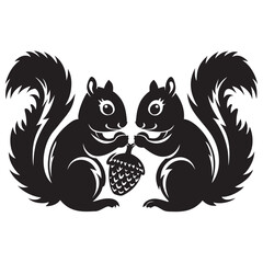 A pair of squirrels sitting close sharing an acorn black vector silhouette llustration on white background